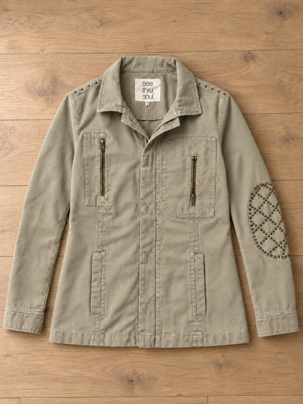 See Thru Soul Studded Elbow Patch Utility Jacket Khaki Fall M